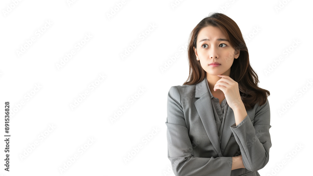 Woman thinking while looking up,doubtful and hesitant,isolated on white background,web banner. Woman thinking while looking up,doubtful and hesitant,isolated on white background,web banner.