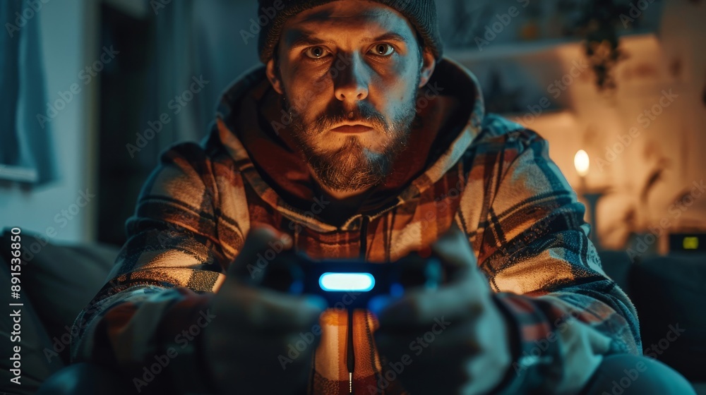 Gamer Focused on Video Game Controller in a Dark Room Gamer Focused on Video Game Controller in a Dark Room