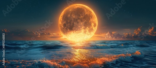 Enormous Orange Moon Rising Over the Ocean