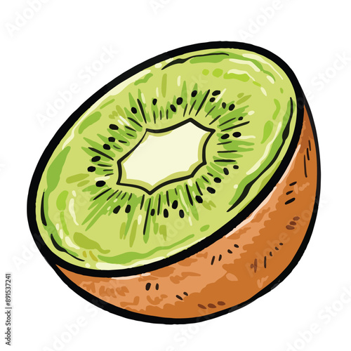 Sliced kiwi fruit illustration isolated on square white background. Simple flat cartoon art styled drawing.