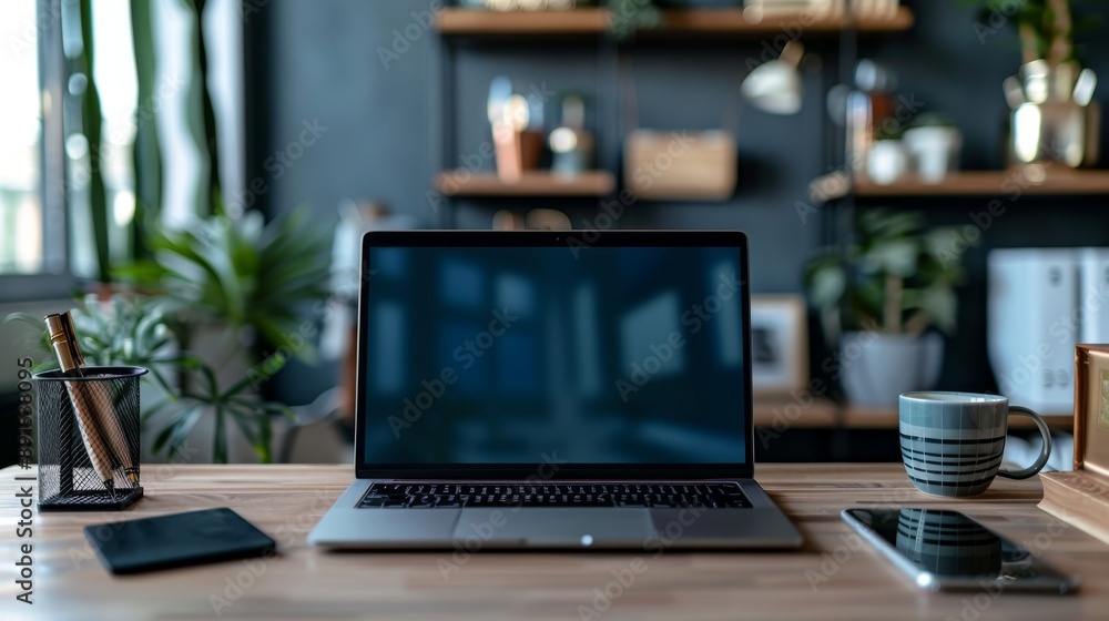 Minimalist Workspace with Laptop, Phone and Mug on Wooden Desk Minimalist Workspace with Laptop, Phone and Mug on Wooden Desk