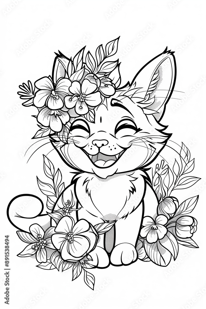 Fototapeta premium Kids colouring book page. Adorable black and white illustration of a cartoon kitten exuding charm and sweetness