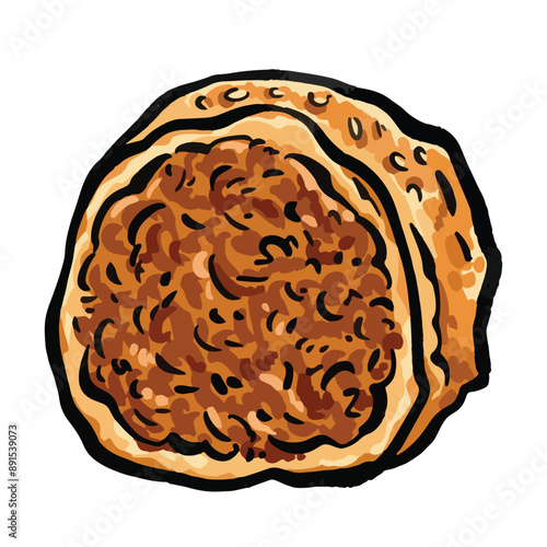 Round beef floss bread food illustration isolated on square white background. Simple flat roti abon sapi cartoon art styled drawing.