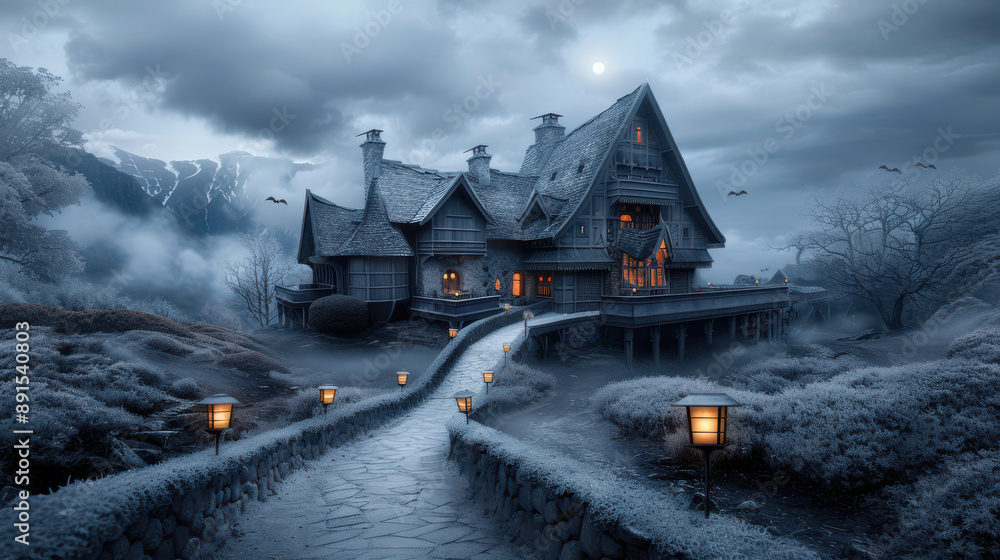 Mysterious, foggy night at an old, eerie house with lantern-lit path in a haunting rural landscape, surrounded by mist and dark clouds. Mysterious, foggy night at an old, eerie house with lantern-lit path in a haunting rural landscape, surrounded by mist and dark clouds.