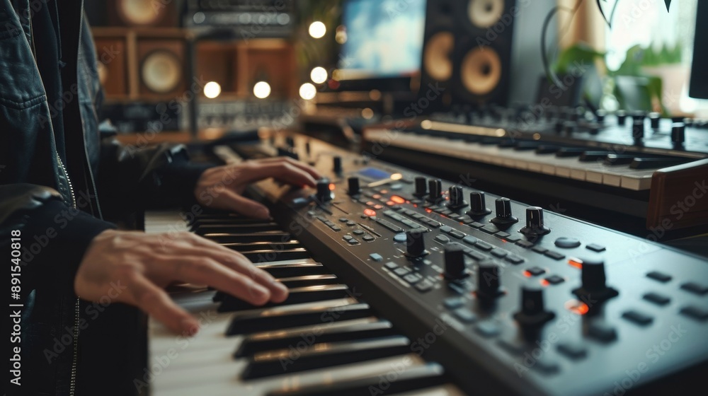 A musician plays a synthesizer in a modern studio, surrounded by equipment and an inspiring atmosphere for music creation. A musician plays a synthesizer in a modern studio, surrounded by equipment and an inspiring atmosphere for music creation.