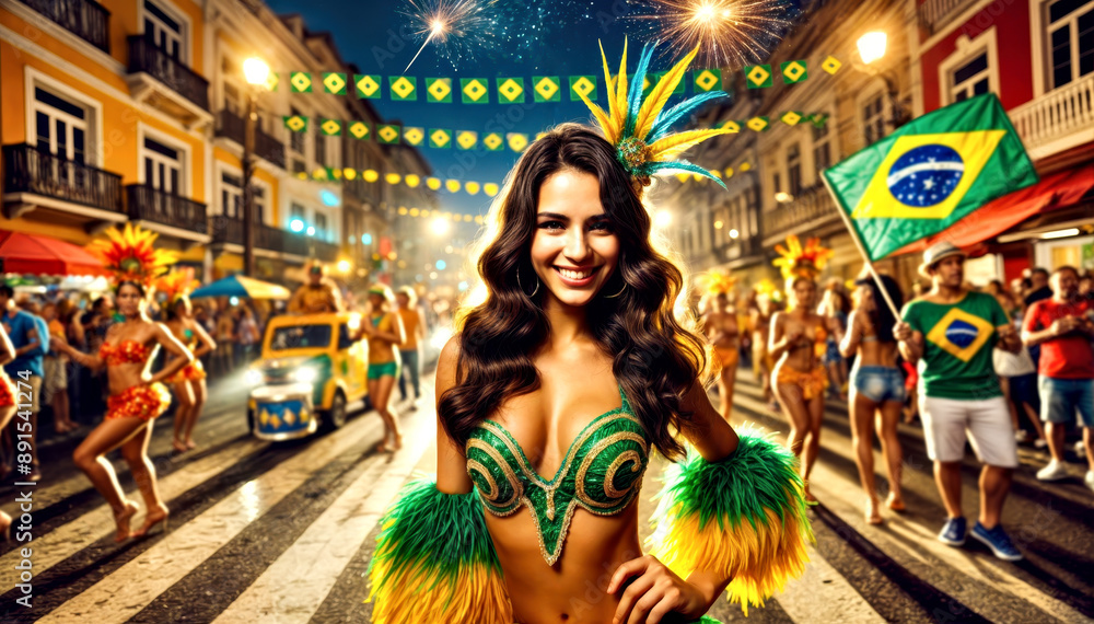 Beautiful Brazilian Samba Dancer In Costume On Festive Street For Brazil Independence Day Celebration Brazilian National Holiday Beautiful Brazilian Samba Dancer In Costume On Festive Street For Brazil Independence Day Celebration Brazilian National Holiday