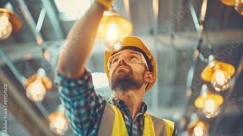 Skilled Builder Installing Light Fixtures in Modern Industrial Loft with Urban Vibe Below photo