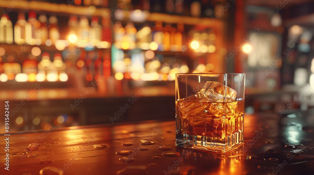 A glass of whiskey sits on a bar counter with ice cubes in it A glass of whiskey sits on a bar counter with ice cubes in it