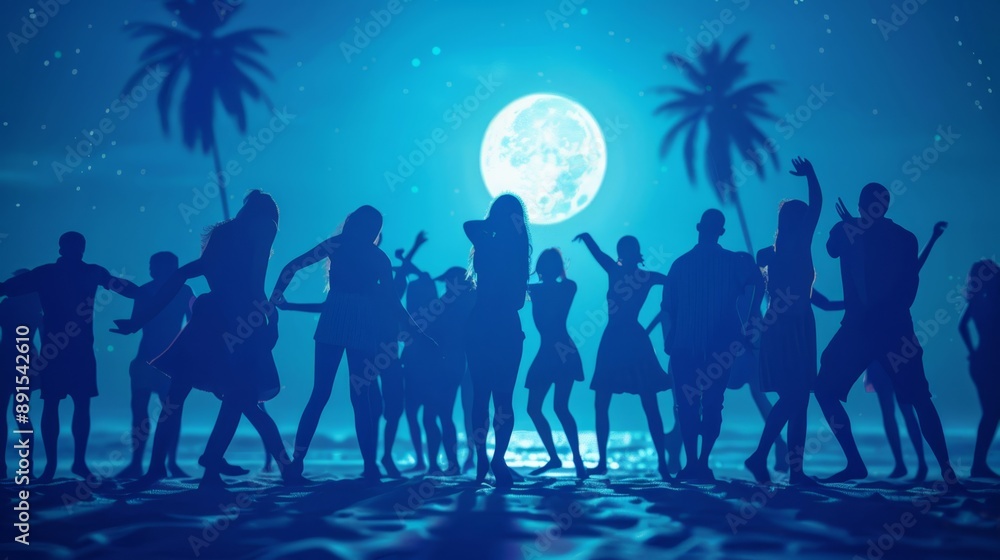 Tropical Beach Party with Neon Lights and Full Moon, Lively Dancing Atmosphere with Palm Trees and Ocean Waves - Space for Text Tropical Beach Party with Neon Lights and Full Moon, Lively Dancing Atmosphere with Palm Trees and Ocean Waves - Space for Text
