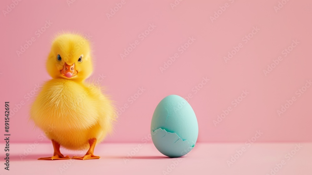 Adorable Fluffy Yellow Duckling with Cracked Blue Egg on Pastel Pink Background - Cheerful and Bright Setting Adorable Fluffy Yellow Duckling with Cracked Blue Egg on Pastel Pink Background - Cheerful and Bright Setting