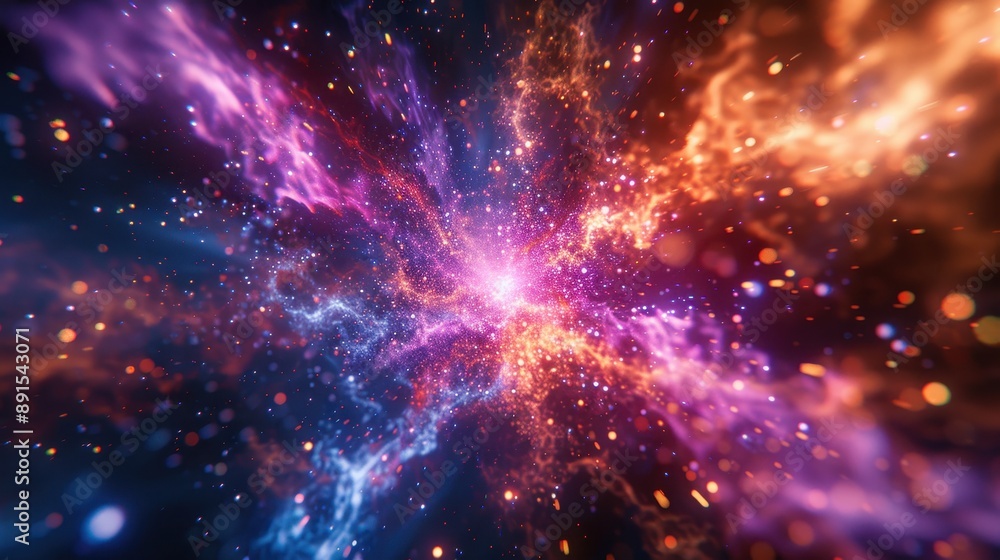 A colorful explosion of light and fire in space A colorful explosion of light and fire in space