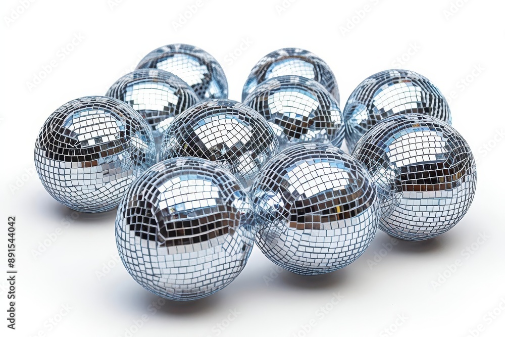Cluster of shiny disco balls reflecting light, isolated on a white background, perfect for festive and party-themed designs. Cluster of shiny disco balls reflecting light, isolated on a white background, perfect for festive and party-themed designs.
