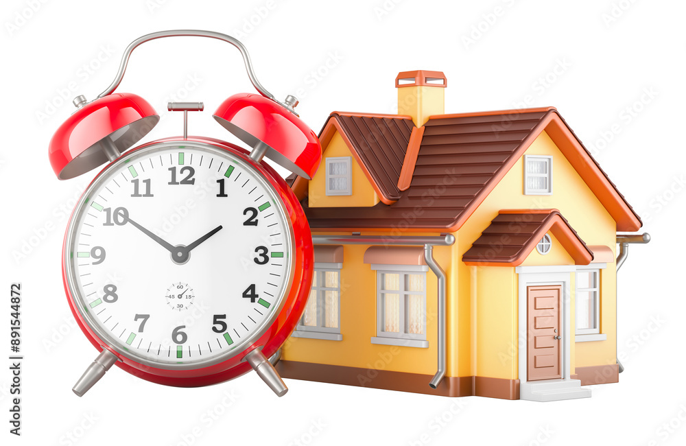Home with alarm clock, 3D rendering isolated on transparent background Home with alarm clock, 3D rendering isolated on transparent background
