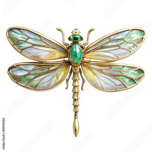 Elegant dragonfly brooch: a sophisticated piece of jewelry made of gold and mother-of-pearl