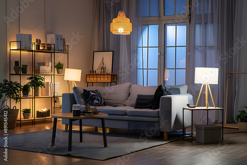 Interior of living room with comfortable sofa  table  racks and glowing lamps