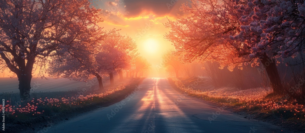 Sunlit Road Through a Blossoming Orchard Sunlit Road Through a Blossoming Orchard