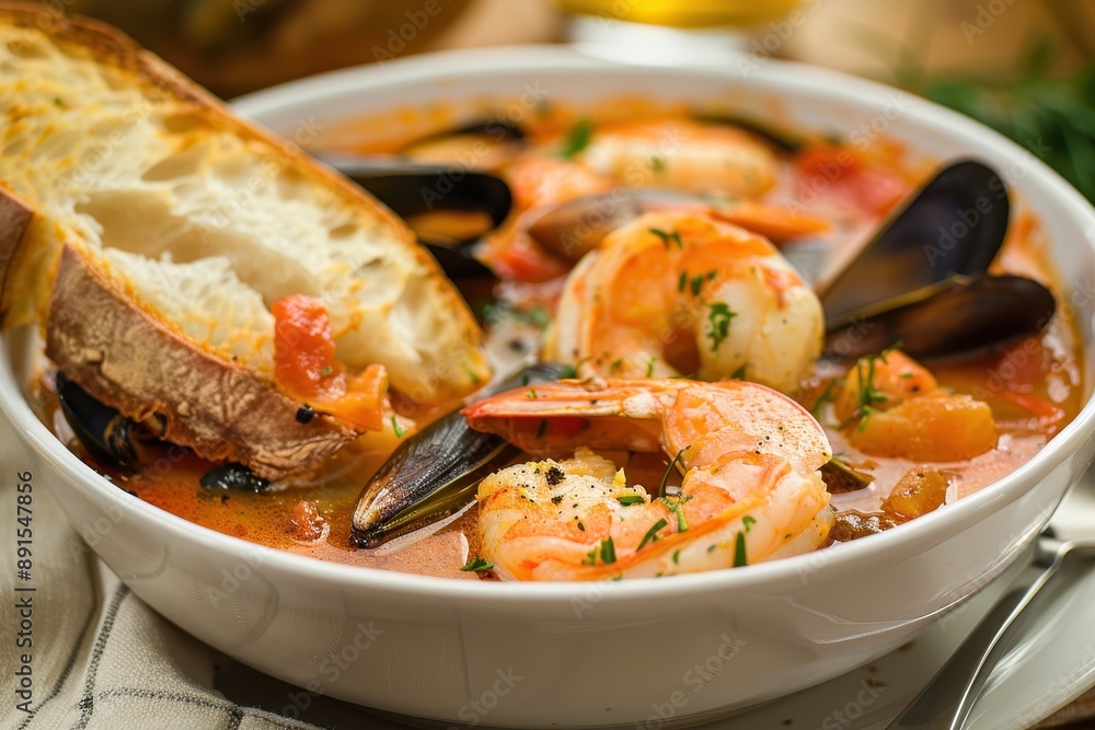 A bowl of bouillabaisse, a traditional French seafood stew with a variety of fish, mussels, and shrimp, served with a slice of toasted baguette A bowl of bouillabaisse, a traditional French seafood stew with a variety of fish, mussels, and shrimp, served with a slice of toasted baguette