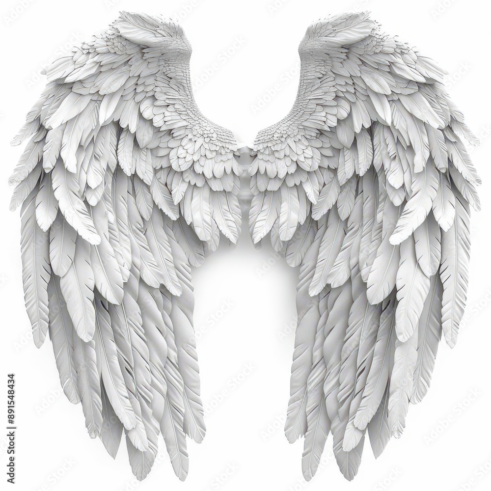 Intricate white angel wings with detailed feather design. Perfect for fantasy and celestial-themed projects. Isolated on white background. Intricate white angel wings with detailed feather design. Perfect for fantasy and celestial-themed projects. Isolated on white background.