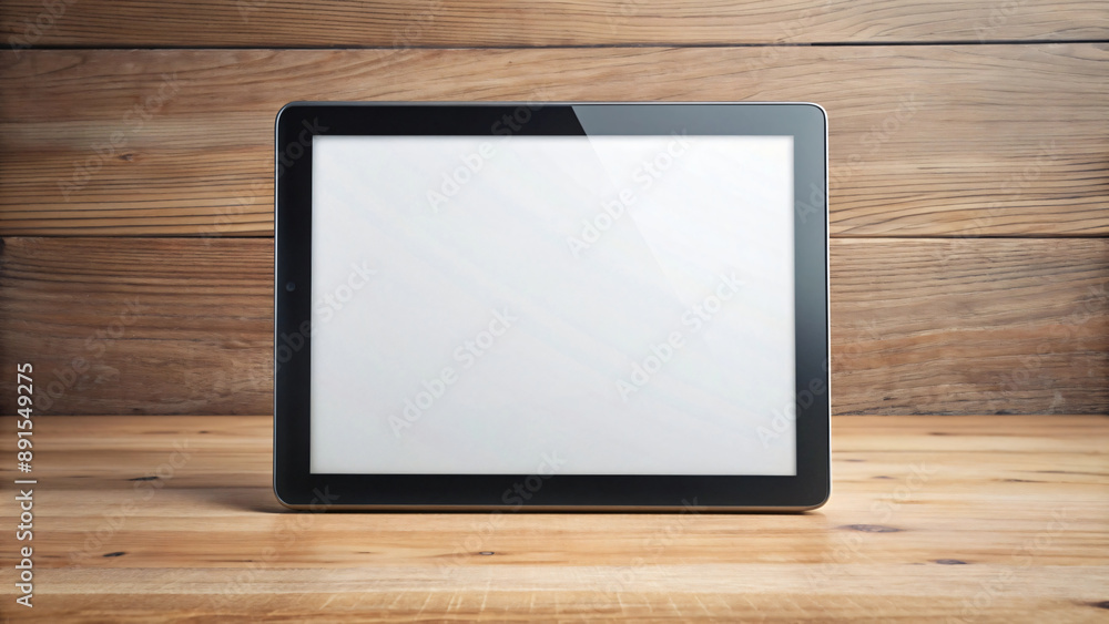 A portable tablet sits on a wooden office desk, ready to display information or connect to the internet A portable tablet sits on a wooden office desk, ready to display information or connect to the internet