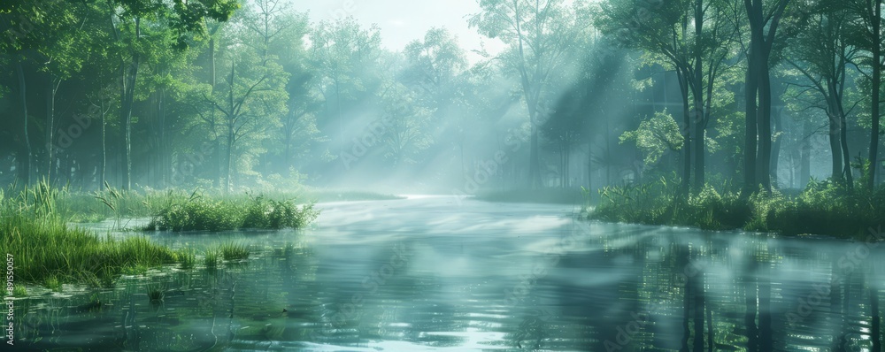 A tranquil river bending through a misty forest. A tranquil river bending through a misty forest.
