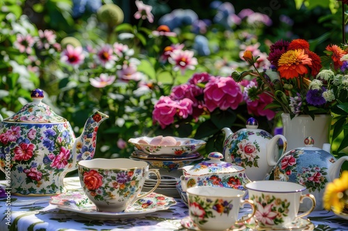 A garden party with colorful flowers and tea sets
