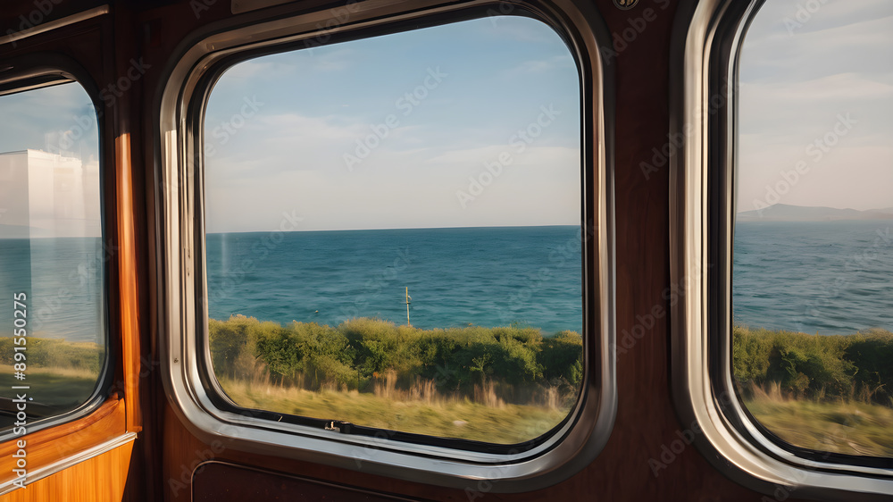 Naklejka premium A sea view from a train window with a beautiful sea view, the feeling of moving in the picture. Generative AI