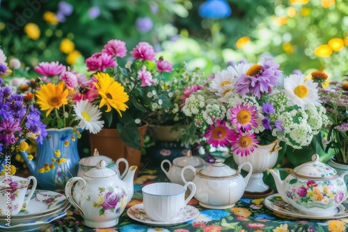 Wallpaper Mural A garden party with colorful flowers and tea sets Torontodigital.ca