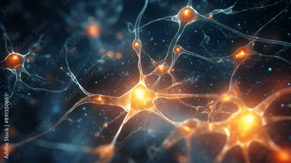 Activating neural network. Abstract microbiology banner illustrating concept of active neural connections in neurons cells Activating neural network. Abstract microbiology banner illustrating concept of active neural connections in neurons cells