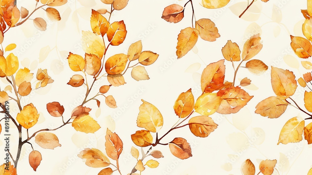 Watercolor Autumn Leaves Seamless Pattern - Fall Foliage, Branch, Golden, Brown, Beige, White Background Watercolor Autumn Leaves Seamless Pattern - Fall Foliage, Branch, Golden, Brown, Beige, White Background