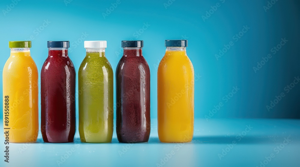 Cold pressed juice bottles of various colors isolated on a blue background, vibrant and refreshing, healthy beverages, colorful assortment Cold pressed juice bottles of various colors isolated on a blue background, vibrant and refreshing, healthy beverages, colorful assortment