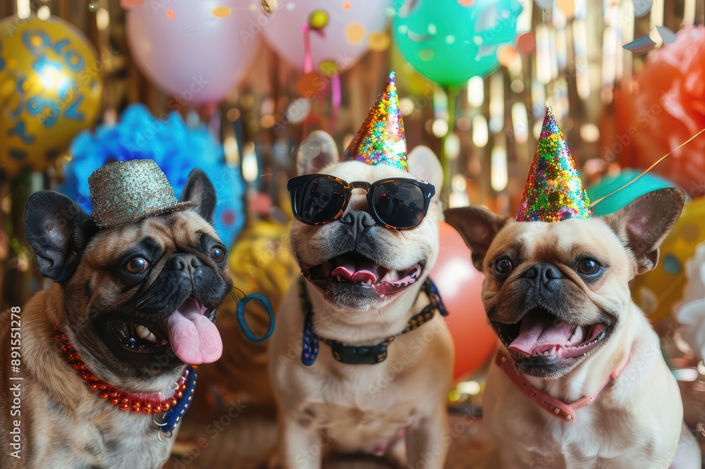 A festive scene with dogs dressed in costumes A festive scene with dogs dressed in costumes
