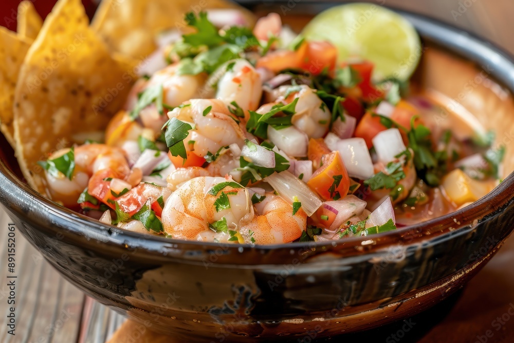 A bowl of ceviche, featuring fresh shrimp and fish marinated in lime juice, mixed with diced tomatoes, onions, and cilantro, served with tortilla chips. A bowl of ceviche, featuring fresh shrimp and fish marinated in lime juice, mixed with diced tomatoes, onions, and cilantro, served with tortilla chips.