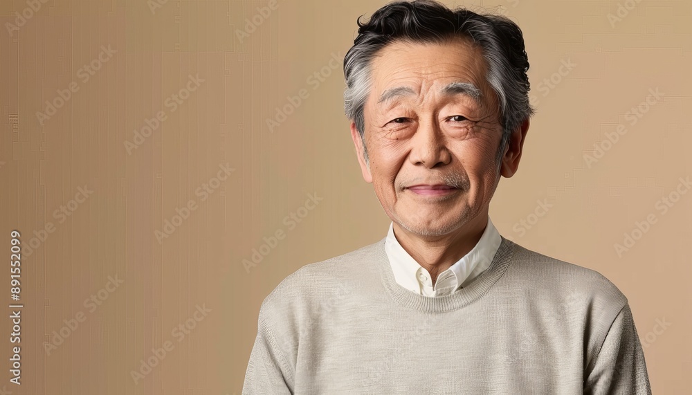 portrait of senior Asian man 65 year old, wearing sweater isolated on beige background with copy space portrait of senior Asian man 65 year old, wearing sweater isolated on beige background with copy space