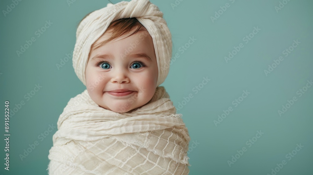 A baby wearing a white scarf and a white headband is smiling A baby wearing a white scarf and a white headband is smiling