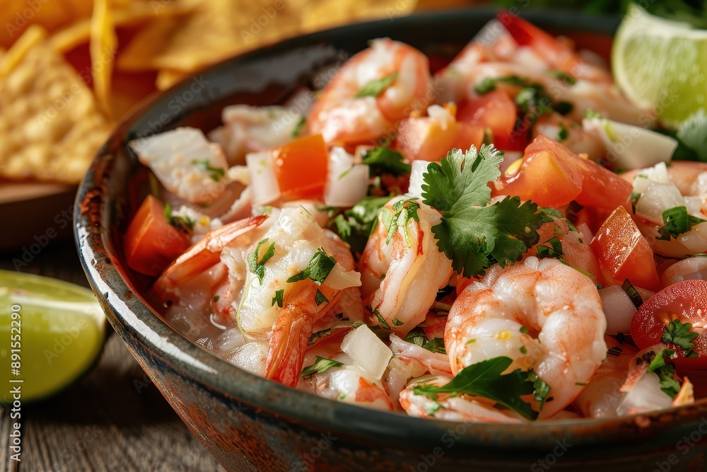 A bowl of ceviche, featuring fresh shrimp and fish marinated in lime juice, mixed with diced tomatoes, onions, and cilantro, served with tortilla chips. A bowl of ceviche, featuring fresh shrimp and fish marinated in lime juice, mixed with diced tomatoes, onions, and cilantro, served with tortilla chips.