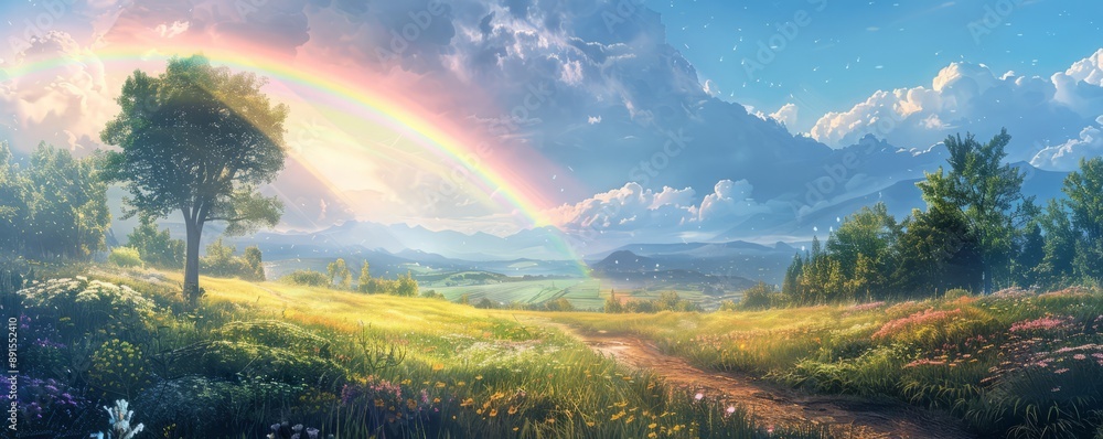 A peaceful meadow under a rainbow. A peaceful meadow under a rainbow.