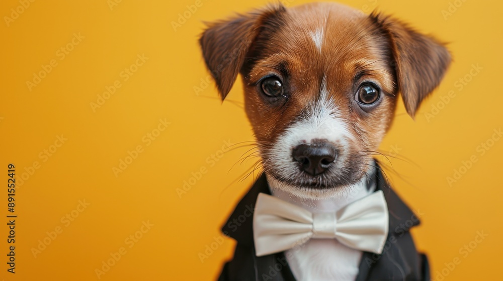 A small brown and white dog is wearing a black suit and a white bow tie A small brown and white dog is wearing a black suit and a white bow tie