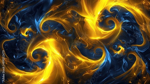 Golden yellow and midnight blue shapes twist and swirl, forming a vibrant, abstract space-time distortion background