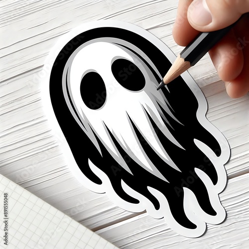 Hand drawing black and white ghost sticker. Halloween sticker with white border on wooden background. Horror and monster stickers concept photo