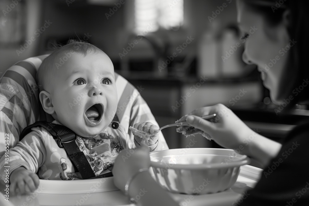 baby's first feeding. The chubby baby sits in a high chair, mouth open in anticipation of the spoonful of food, Black and white photo. baby's first feeding. The chubby baby sits in a high chair, mouth open in anticipation of the spoonful of food, Black and white photo.