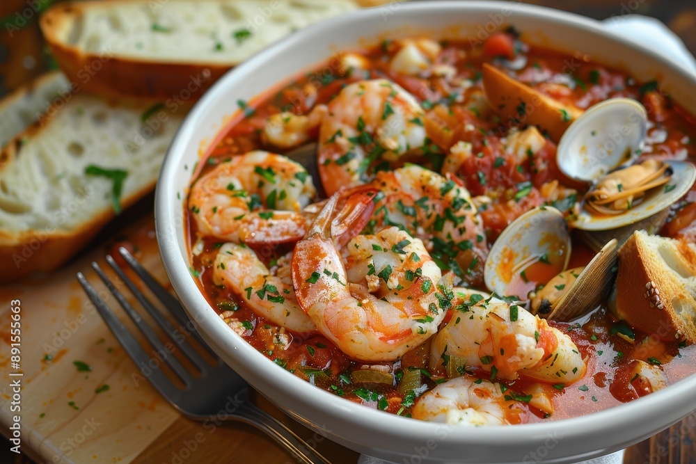 A bowl of cioppino, an Italian-American seafood stew with crab, clams, shrimp, and fish in a tomato broth, served with garlic bread. A bowl of cioppino, an Italian-American seafood stew with crab, clams, shrimp, and fish in a tomato broth, served with garlic bread.