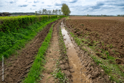 Travail du sol avec une herse sur une parcelle avant semis de lin. Chemin agricole inondé avec ornières