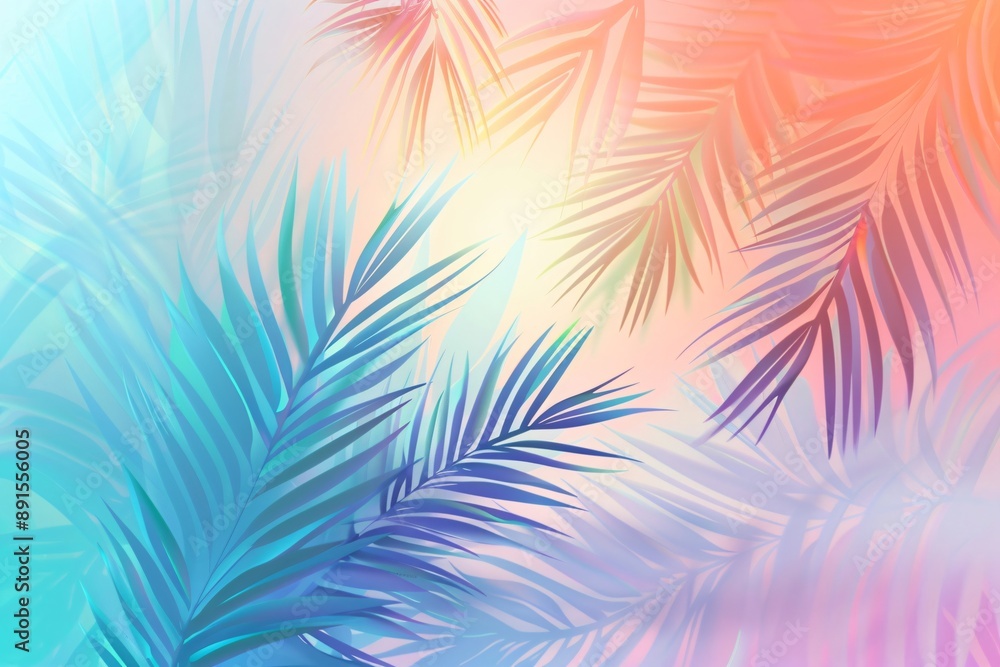 Tropical and palm leaves in gradient holographic neon colors. Summer party, travel, holiday, vacation. Retro background with copy space for banner, poster, invitation Tropical and palm leaves in gradient holographic neon colors. Summer party, travel, holiday, vacation. Retro background with copy space for banner, poster, invitation