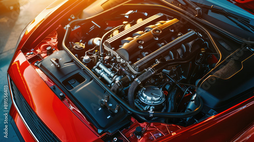 Top view of a modern powerful technological engine under the hood of a red car photo