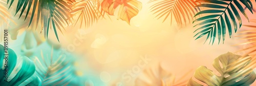 Vintage frame made of palm leaves. Tropical background with copy space in gradient colors. Summer party, travel, holiday, vacation. Border for banner, poster, invitation