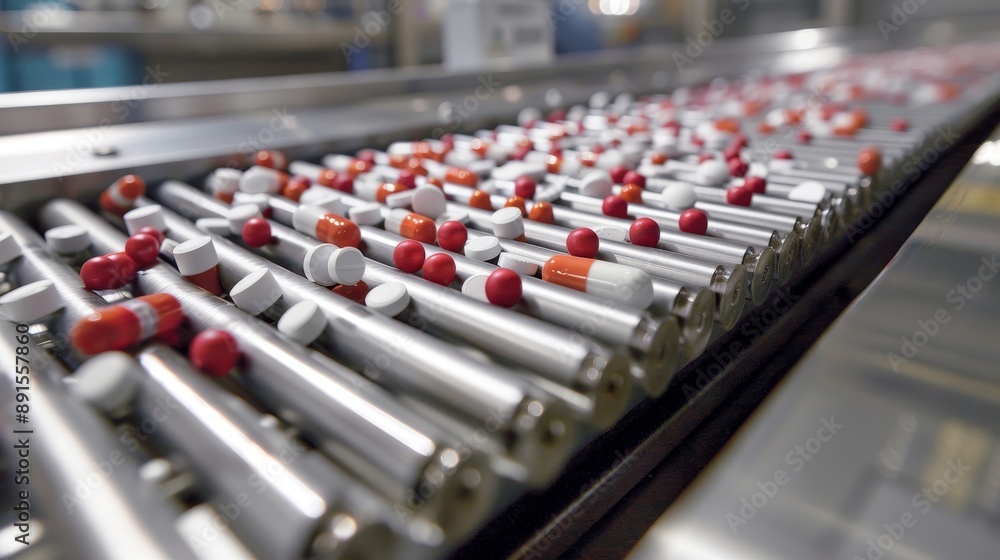 Obraz premium Close-Up of Pharmaceutical Pills on a Production Line Perspective - Industrial Manufacturing and Medicine Concept