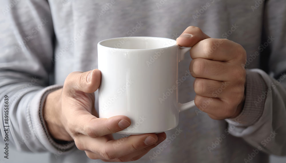 Man holding white mug indoors, closeup. Mockup for design Man holding white mug indoors, closeup. Mockup for design