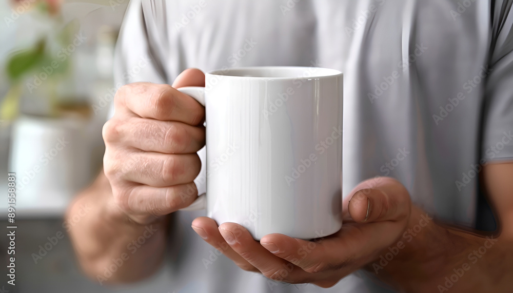 Man holding white mug indoors, closeup. Mockup for design Man holding white mug indoors, closeup. Mockup for design