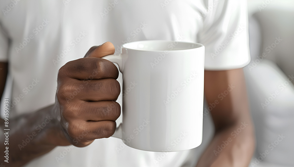 Man holding white mug indoors, closeup. Mockup for design Man holding white mug indoors, closeup. Mockup for design