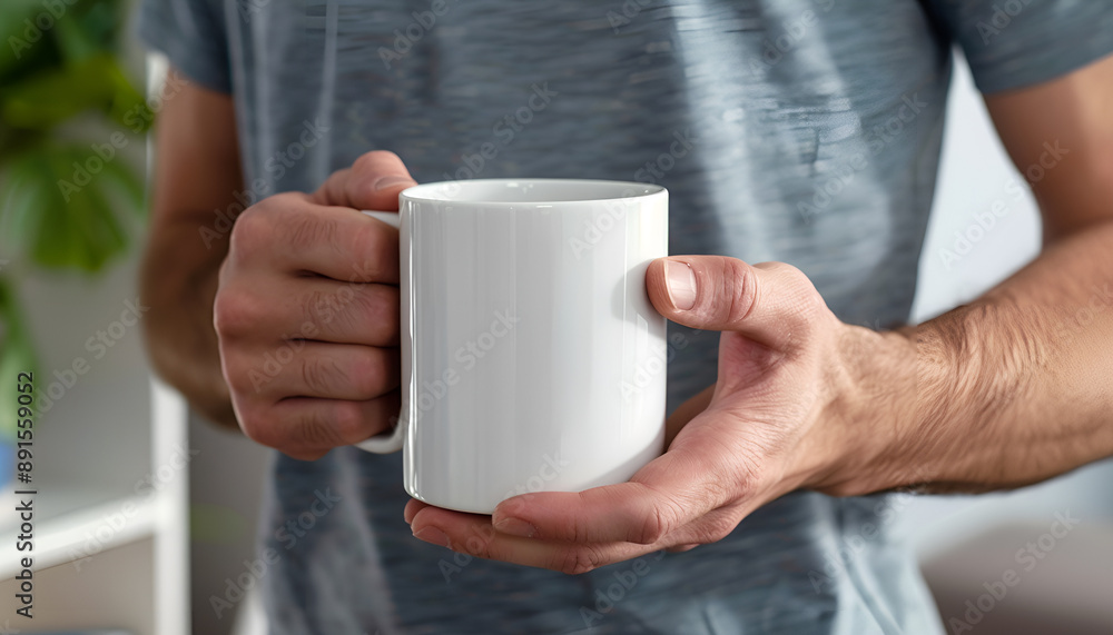 Man holding white mug indoors, closeup. Mockup for design Man holding white mug indoors, closeup. Mockup for design